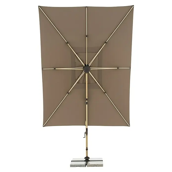 Doppler Alu Wood Ampelschirm Ultra XL - Greige, Bespannungsmaß (L x B): 300 x 400 cm - Ansicht von unten eines rechteckigen Sonnenschirms mit stabilem Ständer, ideal für den Außenbereich.