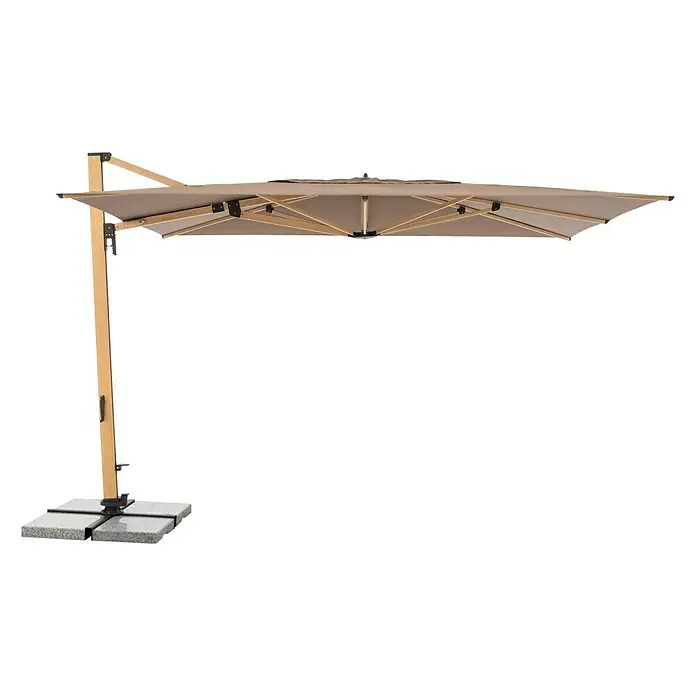 Doppler Alu Wood Ampelschirm Ultra XL - Greige, Bespannungsmaß (L x B): 300 x 400 cm - Sonnenschirm in Beige mit Holzrahmen und stabilem Sockel. Der perfekte Schattenspender für Garten und Terrasse.