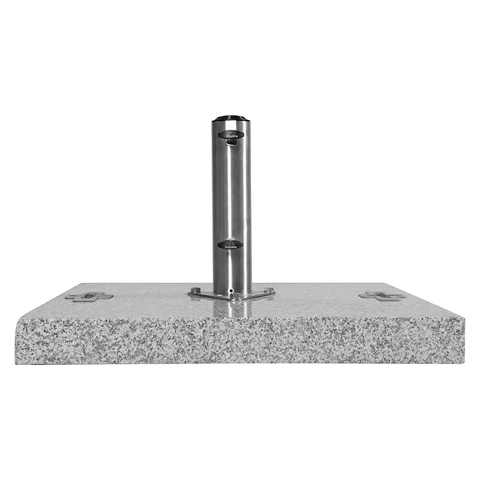 Granitschirmständer - 95 kg, L x B: 70 x 70 cm - Ein Edelstahl-Sonnenschirmständer auf einer Granitplatte. Ideal für Sonnenschirme und bietet stabilen Halt.