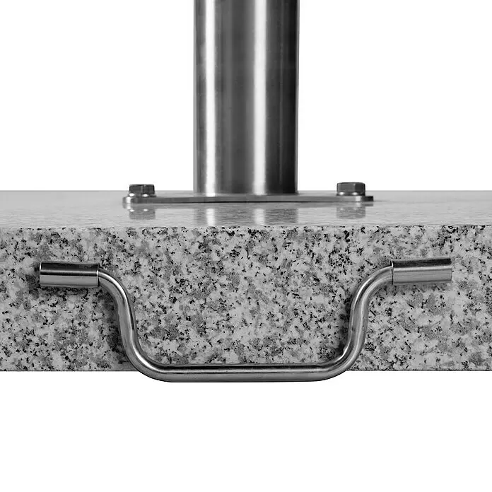 Granitschirmständer - 95 kg, L x B: 70 x 70 cm - Gesprenkelte graue Granitbasis mit silbernem Metallgriff und vertikalem Metallpfosten, mit Schrauben befestigt.
