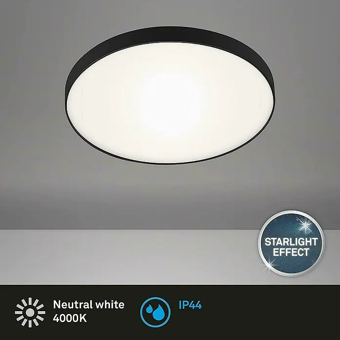 Briloner Plafón LED redondo Malbona - Ø x Al: 28,5 x 6,5 cm, Negro/Blanco, Blanco neutro - Una luz de techo redonda y negra con luz blanca neutra y efecto starlight brillante, creando un ambiente agradable en la habitación.