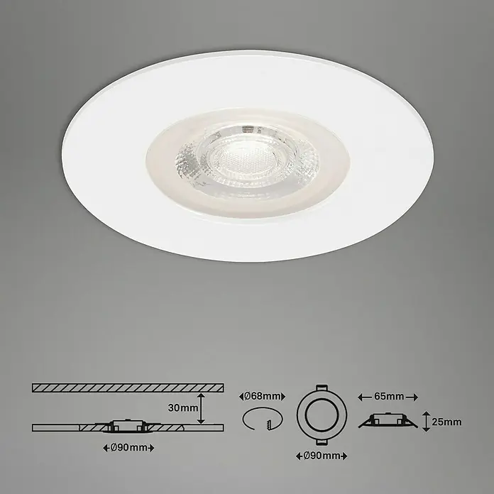 Briloner Set de focos LED empotrables redondos Kulana - 20 W, Ø x Al: 9 x 2,5 cm, 4 ud., Blanco cálido, Blanco - Foco empotrable blanco con dimensiones. Iluminación elegante para cualquier habitación, fácil instalación.