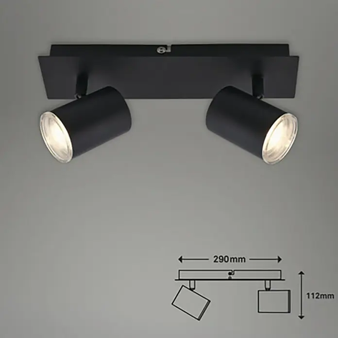 Briloner Regleta Banyo - 10 W, L x An x Al: 9,9 x 29 x 11,2 cm, Negro, GU10, x 2 - Foco LED negro de 2 luces para techo. Diseño moderno con focos ajustables para una iluminación óptima.