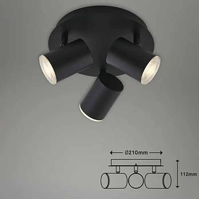 Briloner Regleta Banyo - 15 W, L x An x Al: 21 x 21 x 11,2 cm, Negro, GU10, x 3 - Primer plano de una lámpara de techo negra con tres focos y una representación esquemática de las dimensiones.