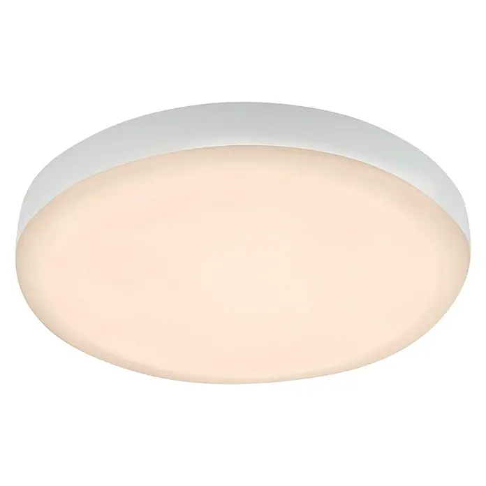 Briloner Foco empotrable Plat - 6 W, Ø x Al: 10 x 3,5 cm, Blanco, Blanco neutro - Primer plano de una lámpara de techo redonda y blanca que emite una luz cálida y difusa, creando un ambiente acogedor.