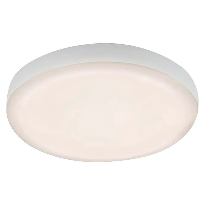 Briloner Foco empotrable Plat - 6 W, Ø x Al: 10 x 3,5 cm, Blanco, Blanco neutro - Primer plano de una lámpara de techo LED redonda y blanca, iluminada brillantemente con un diseño moderno y minimalista.