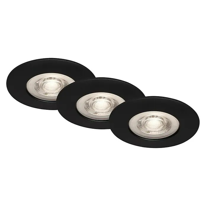 Briloner Set de focos LED empotrables redondos Kulana - Ø x Al: 9 x 2,5 cm, Blanco cálido, Negro - Primer plano de tres luces LED empotradas en el techo de color negro, proporcionando una solución de iluminación moderna y eficiente energéticamente.
