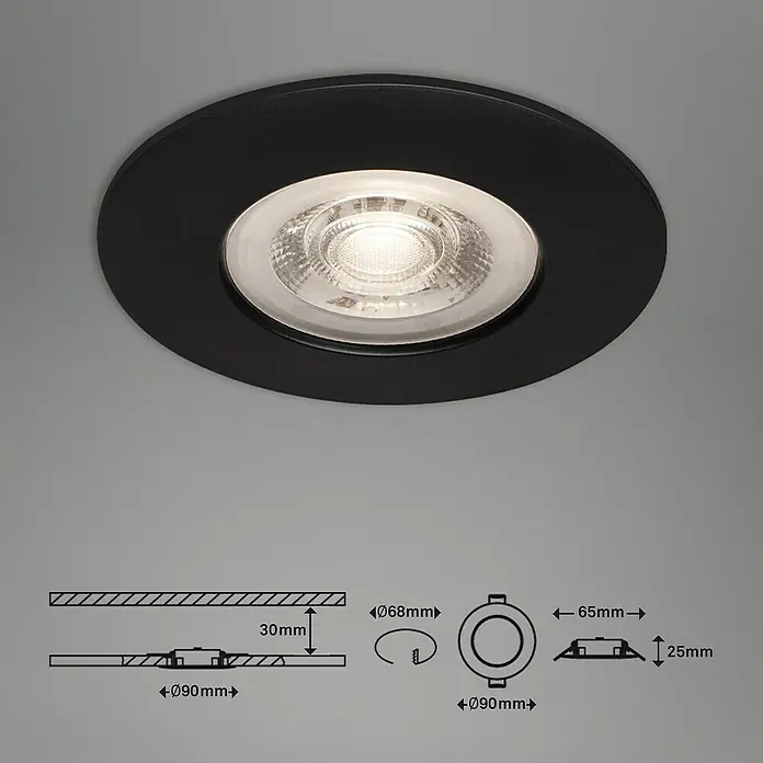 Briloner Set de focos LED empotrables redondos Kulana regulable - 20 W, Ø x Al: 9 x 2,5 cm, 4 ud., Blanco cálido, Negro - Imagen de un foco empotrable de techo negro con luz LED y dimensiones técnicas para la descripción del producto.