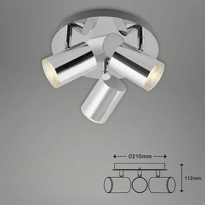 Briloner Regleta Banyo - 15 W, L x An x Al: 21 x 21 x 11,2 cm, Cromo, GU10, x 3 - Lámpara de techo con focos cromados de tres luces. Iluminación elegante para cualquier habitación.