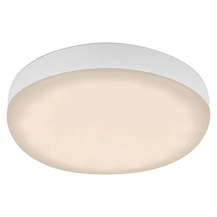 Briloner Foco empotrable Plat - 3 W, Ø x Al: 7,5 cm x 3,5 mm, Blanco, Blanco cálido - Primer plano de una lámpara de techo redonda blanca con una luz blanca cálida, ideal para crear un ambiente acogedor.