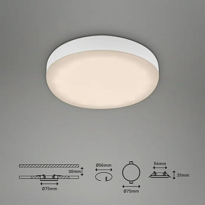 Briloner Foco empotrable Plat - 3 W, Ø x Al: 7,5 cm x 3,5 mm, Blanco, Blanco cálido - Esta imagen muestra una lámpara de techo LED blanca con medidas detalladas para una fácil instalación y compatibilidad.