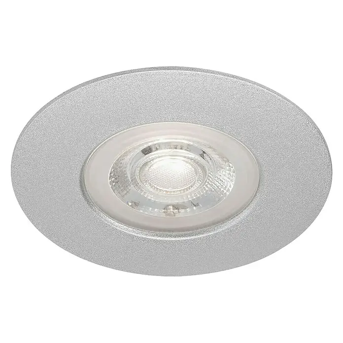 Briloner Set de focos LED empotrables redondos Kulana regulable - 20 W, Ø x Al: 9 x 2,5 cm, 4 ud., Blanco cálido, Cromo - Primer plano de un downlight LED redondo empotrable con acabado plateado, que emite una luz cálida y brillante.
