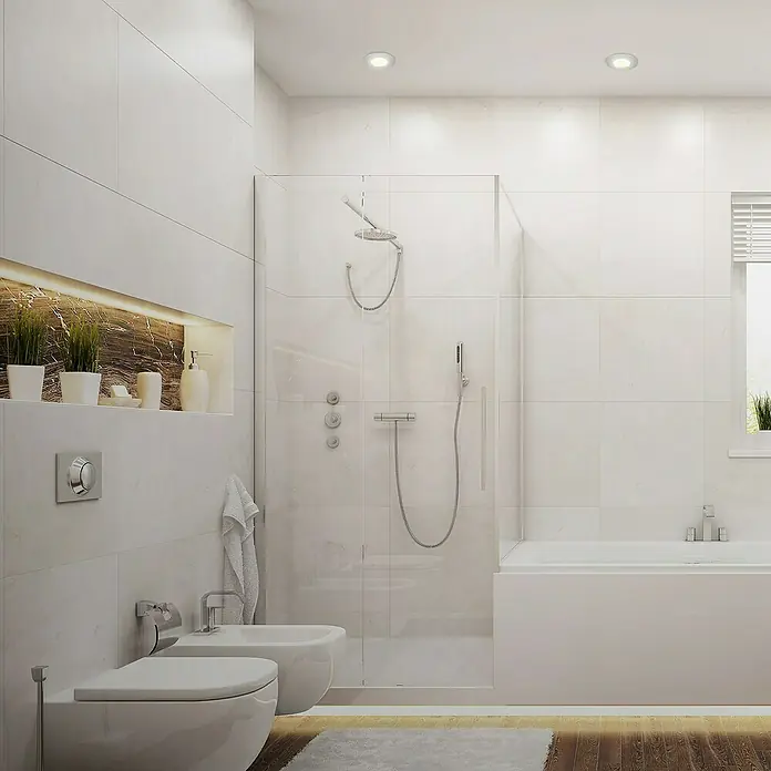 Briloner Set de focos LED empotrables redondos Kulana regulable - 20 W, Ø x Al: 9 x 2,5 cm, 4 ud., Blanco cálido, Cromo - La imagen muestra un baño moderno con ducha, inodoro y bidet. La iluminación es brillante y la decoración es minimalista y elegante.