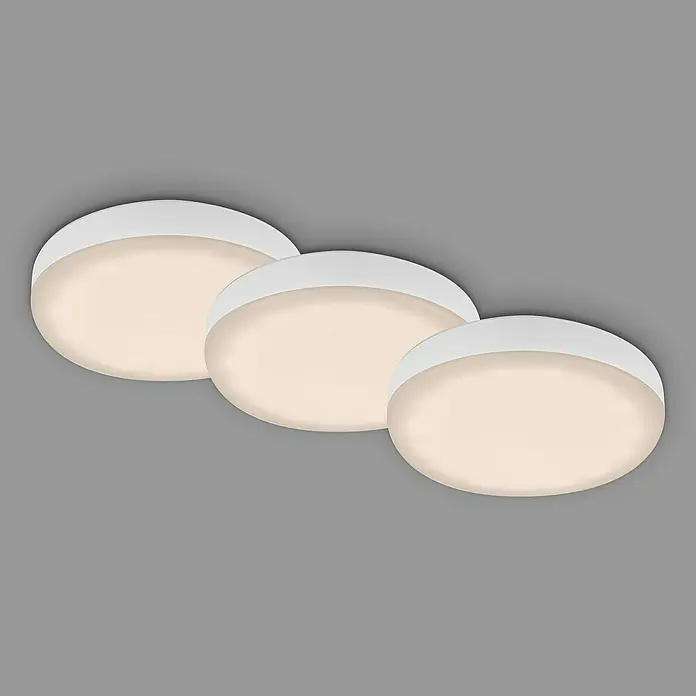 Briloner Set de focos LED empotrables redondos Plat - Ø x Al: 7,5 x 3,5 cm, Blanco, Blanco cálido - Tres lámparas de techo redondas blancas que ofrecen una luz cálida y acogedora, ideales para un ambiente moderno.