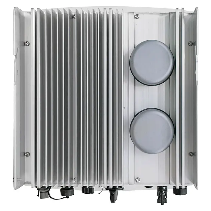 Inversor S5-GR1P + WIFI - 3 kW, L x An x Al: 16 x 31 x 37,3 cm - Imagen de un inversor utilizado para la conversión de energía solar, mostrando aletas de disipador de calor para refrigeración y tapas redondas.