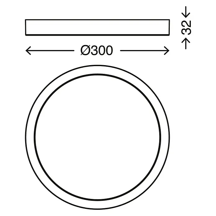 Briloner Plafón LED Bosca - 21 W, Plateado, Blanco neutro - Dibujo técnico de un producto redondo con un diámetro de 300 mm y una altura de 32 mm.