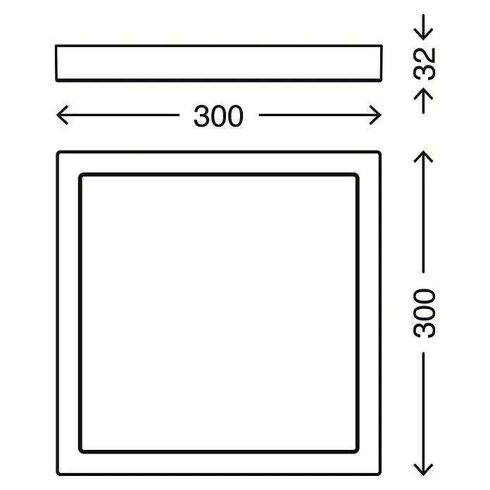 Briloner Plafón LED Bosca - 21 W, L x An x Al: 30 x 30 x 3,2 cm, Blanco neutro - Dibujo técnico de un marco cuadrado, con dimensiones de 300 x 300 mm y un grosor de 32 mm.