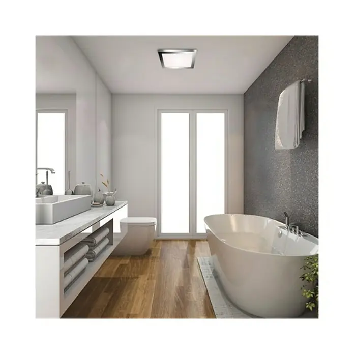 Briloner Plafón LED Bosca - 21 W, L x An x Al: 30 x 30 x 3,2 cm, Blanco neutro - Baño moderno con bañera blanca, tocador e iluminación elegante. La lámpara de techo cuadrada proporciona un ambiente luminoso y acogedor.