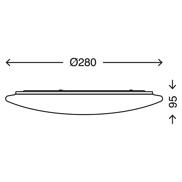 Briloner Plafón LED redondo Stelo - Ø x Al: 28 x 9,5 cm, Blanco estrellado, Color de luz: Blanco neutro - Representación de una lámpara de techo con diámetro de 280 mm y altura de 95 mm, incluyendo dimensiones para una vista detallada del producto.