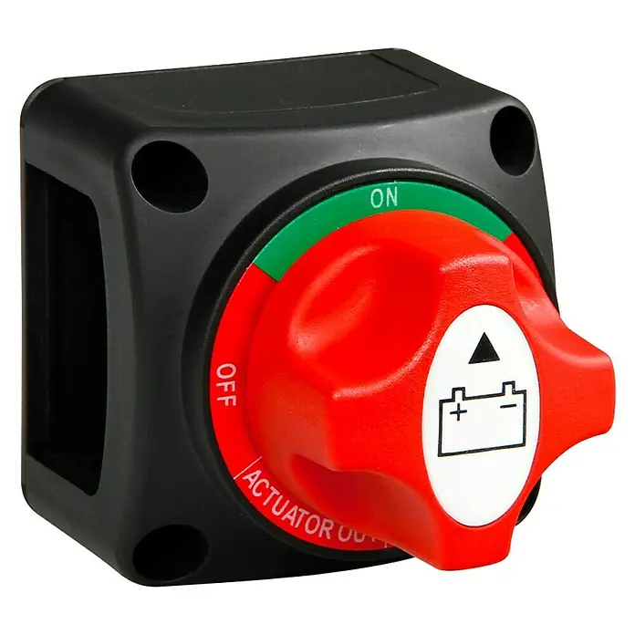 Interruptor de batería Corte - L x An x Al: 7,5 x 7 x 7 cm - Un interruptor de batería con un botón giratorio rojo, en la posición "Off", con un indicador verde "On".