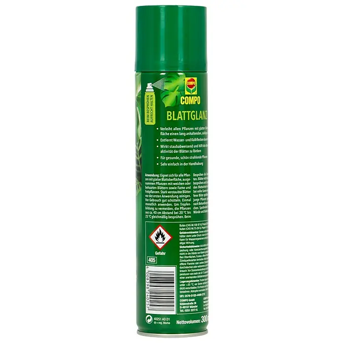 Compo Blattglanz - 300 ml - Abbildung einer COMPO Blattglanz Sprühdose für gesunde, strahlende Pflanzen mit glatten Blättern.