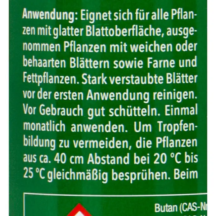 Compo Blattglanz - 300 ml - Anwendungshinweise für ein Pflanzenschutzmittel, geeignet für Pflanzen mit glatten Blättern. Vor Gebrauch schütteln und monatlich anwenden.