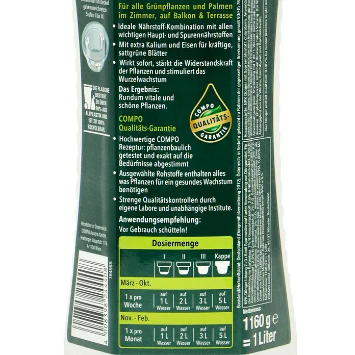 Compo Universaldünger - 1 l - Nahaufnahme des COMPO Grünpflanzen- und Palmen-Düngers mit Dosierungsanleitung für Zimmer, Balkon und Terrasse.