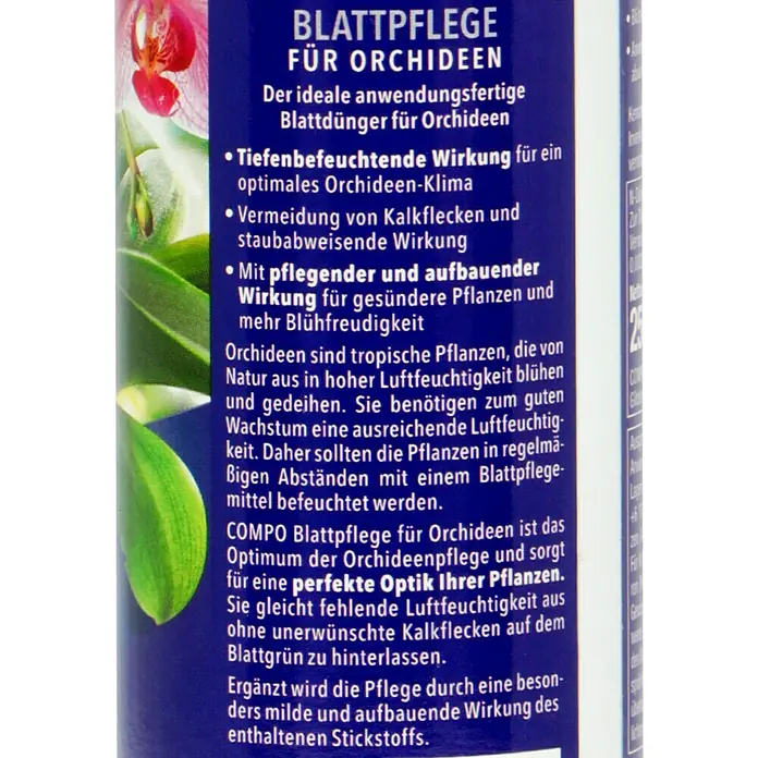 Compo Blattglanz - 250 ml, Orchideen - Nahaufnahme des Produkts COMPO Blattpflege für Orchideen, ein Blattdünger, der für optimales Orchideen-Klima sorgt und Kalkflecken vermeidet.