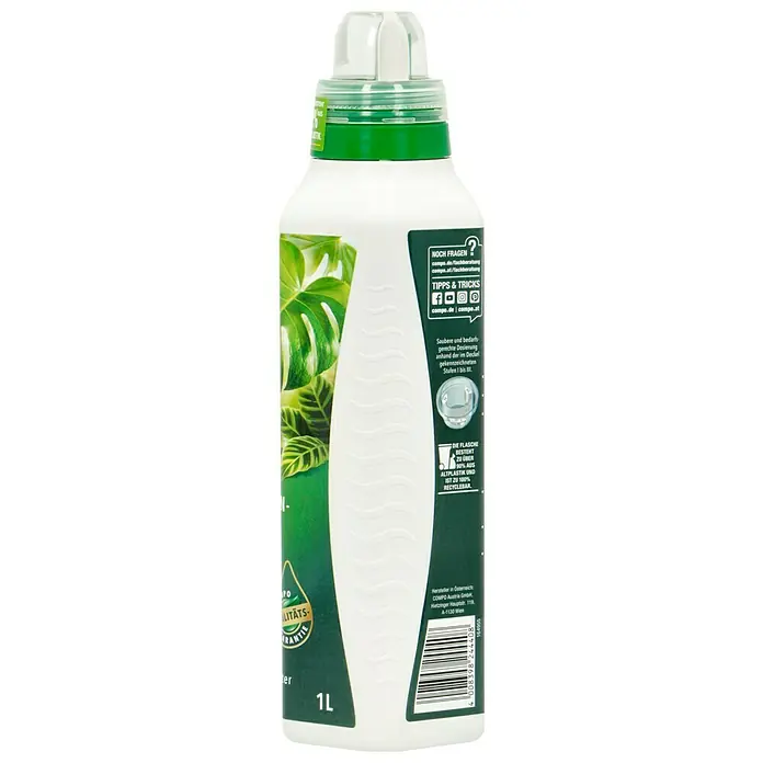 Compo Universaldünger - 1 l - Rückseite einer 1L-Flasche COMPO Flüssigdünger für Zimmerpflanzen, mit Hinweisen zu Dosierung, Inhaltsstoffen und Recycling.