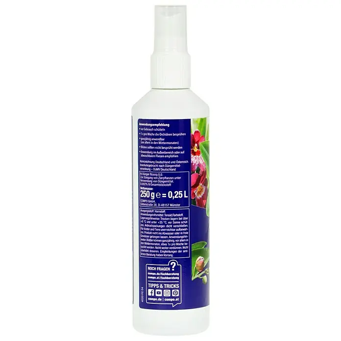 Compo Blattglanz - 250 ml, Orchideen - COMPO Orchideen Dünger: Flüssigdünger für gesunde Orchideen, stärkt die Pflanzen und fördert üppige Blüten. Leicht anzuwenden durch Aufsprühen.