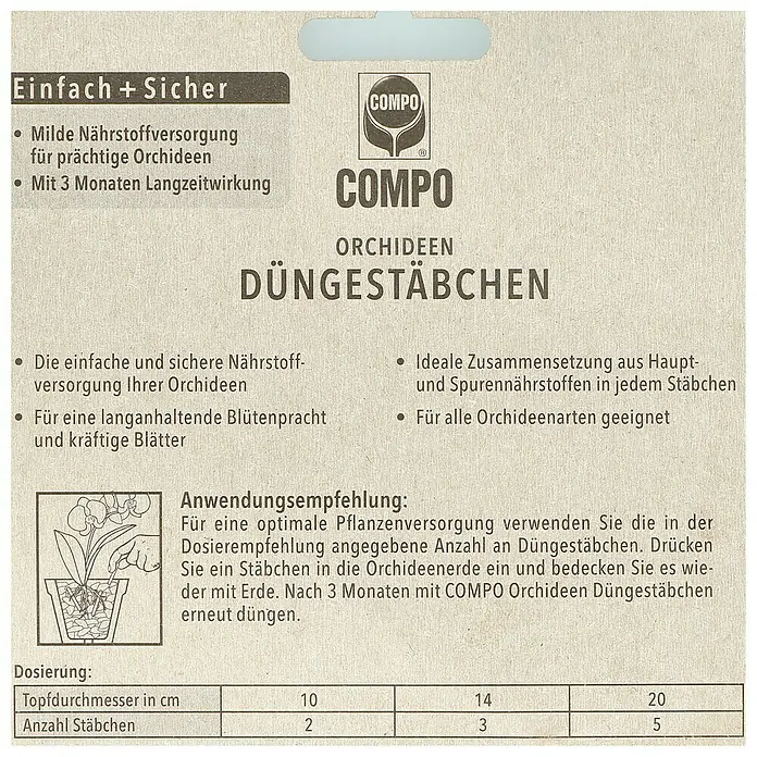 Compo Orchideendünger Orchideen - 20 Stk. - COMPO Orchideen Düngestäbchen Verpackung. Einfache und sichere Nährstoffversorgung für prächtige Orchideen mit 3 Monaten Langzeitwirkung.