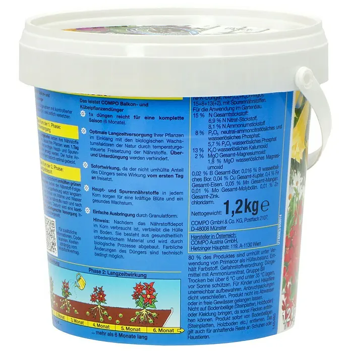 Compo Kübelpflanzendünger - 1,2 kg - COMPO Balkon- und Kübelpflanzendünger mit Langzeitwirkung für üppige Blüten. Sorgt für eine optimale Nährstoffversorgung der Pflanzen.