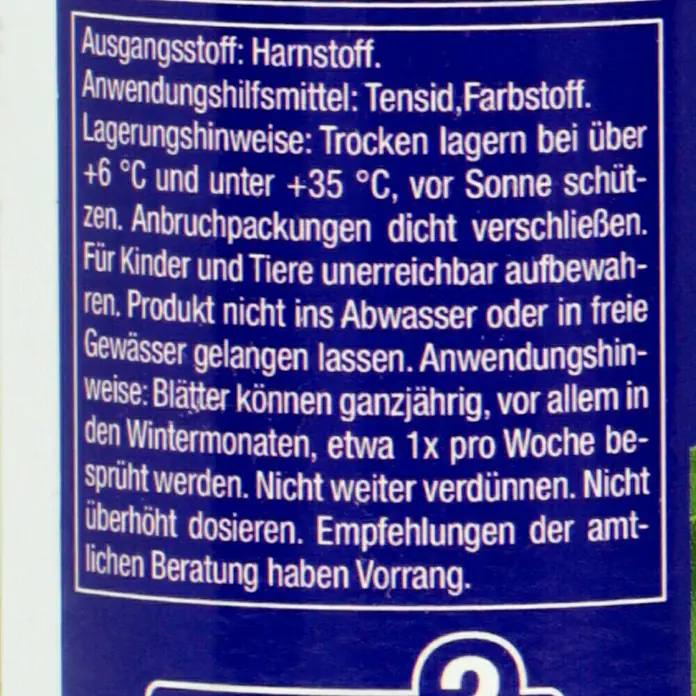 Compo Blattglanz - 250 ml, Orchideen - Etikettendetail des Produkts mit Informationen zu Inhaltsstoffen, Anwendung, Lagerung und Sicherheitshinweisen.