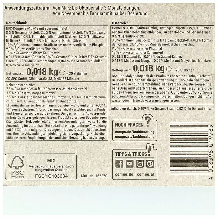 Compo Orchideendünger Orchideen - 20 Stk. - Beiges Produktetikett mit detaillierten Informationen zu Anwendungszeitraum, Inhaltsstoffen und Hersteller eines NPK-Düngers, inklusive Barcode und Logos.