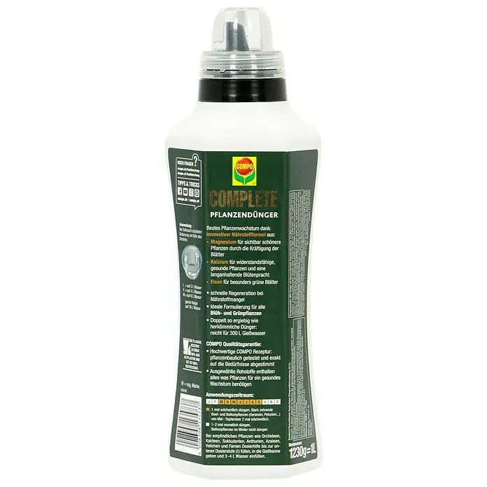 Compo Universaldünger Complete - 1 l - Nahaufnahme einer Flasche COMPO Complete Pflanzendünger, ideal für üppiges Pflanzenwachstum mit Magnesium, Kalzium und Eisen.