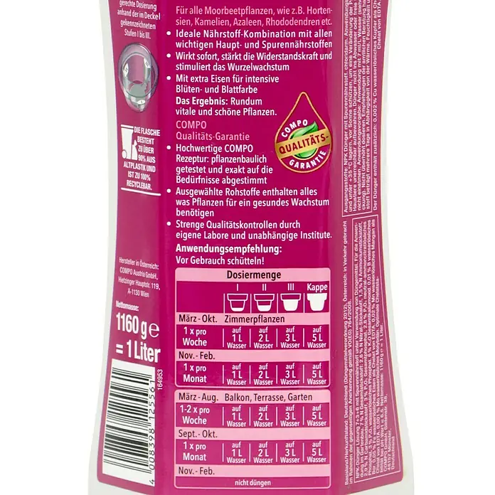 Compo Hortensiendünger - 1 l - COMPO Flüssigdünger-Etikett mit Dosieranleitung für Moorbeetpflanzen, Nährstoffangaben und Qualitätsgarantie.