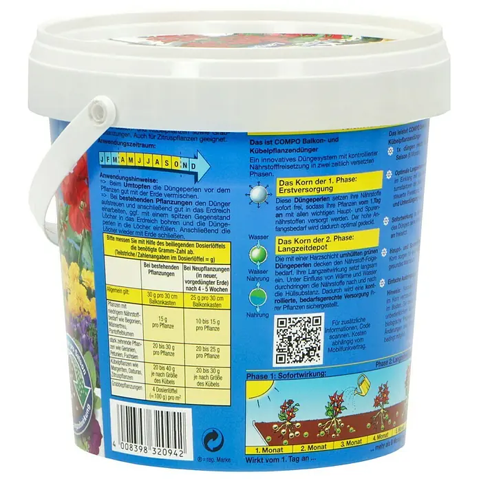 Compo Kübelpflanzendünger - 1,2 kg - Nahaufnahme eines COMPO Balkon- und Kübelpflanzendünger-Eimers mit Anwendungshinweisen und Dosierungsempfehlungen.