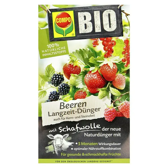 Compo Langzeitdünger Beeren - 750 g - Produktabbildung von COMPO BIO Beeren Langzeit-Dünger mit Schafwolle, für gesunde und schmackhafte Früchte.