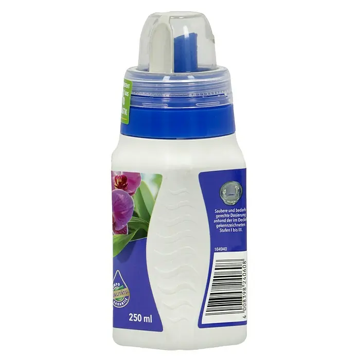 Compo Orchideendünger - 250 ml - Bild einer Flasche Orchideendünger mit Dosierkappe, die eine präzise Anwendung ermöglicht. Die Flasche zeigt eine Orchideenblüte und Produktinformationen.