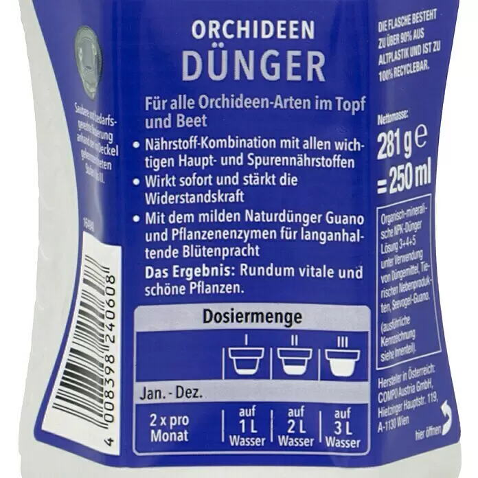 Compo Orchideendünger - 250 ml - Blaue Flasche Orchideen-Dünger aus recyceltem Kunststoff, 250 ml.