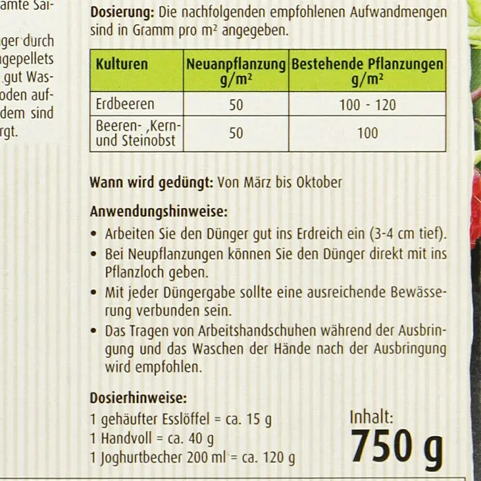 Compo Langzeitdünger Beeren - 750 g - Nährstoffdosierungsinformationen für Erdbeeren und Beeren-Kern- und Steinobst, mit Anwendungs- und Dosierhinweisen sowie Inhaltsangabe.