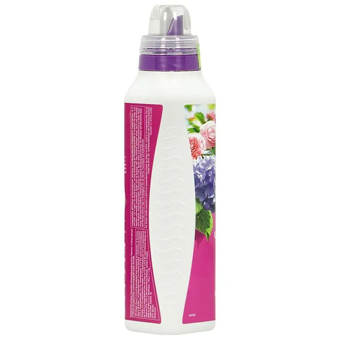 Compo Hortensiendünger - 1 l - Nahaufnahme einer Flasche Flüssigdünger von Compo mit lila Akzenten und einer Blumenabbildung, ideal für die Gartenpflege.