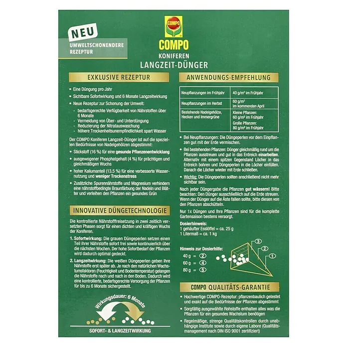 Compo Langzeitdünger Koniferen - 2 kg - COMPO Koniferen Langzeit-Dünger: Exklusive Rezeptur für Nadelgehölze, sorgt für eine kontrollierte Nährstofffreisetzung und gesundes Wachstum.