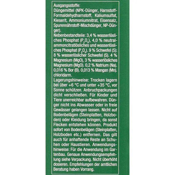 Compo Langzeitdünger Koniferen2 kg - Produktinformationen: Inhaltsstoffe, Lagerhinweise und Anwendungsempfehlungen für Düngemittel auf der Produktverpackung.