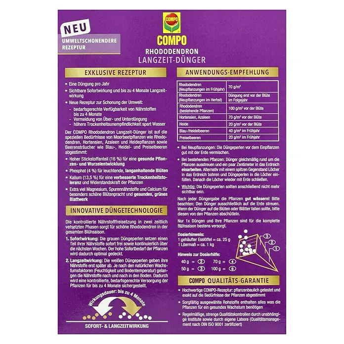 Compo Langzeitdünger Rhododendron - 850 g - COMPO Rhododendron Langzeit-Dünger: Ein umweltschonendes Rezept für üppige Blüten und gesundes Wachstum Ihrer Rhododendren.