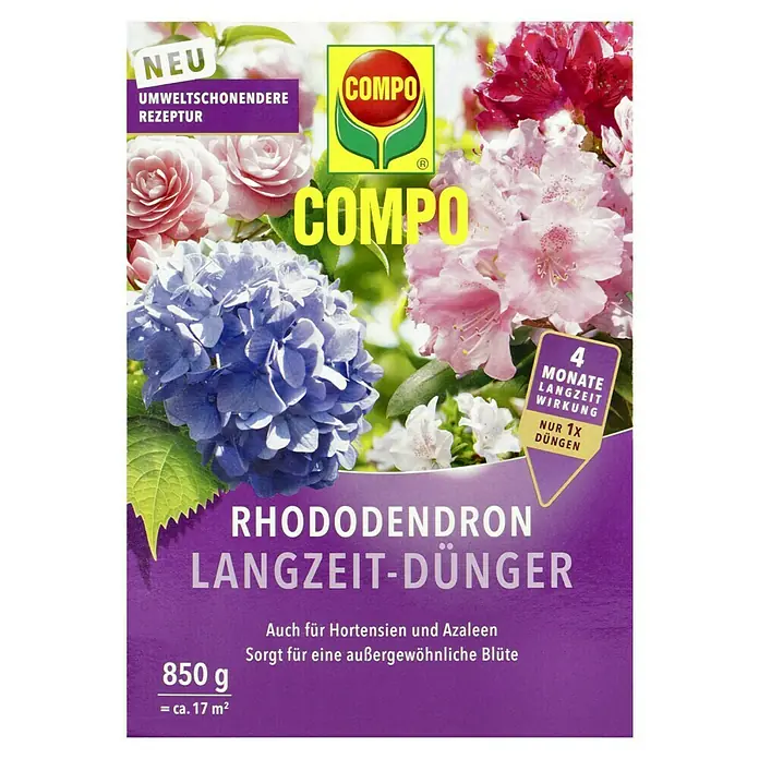 Compo Langzeitdünger Rhododendron - 850 g - Verpackung von COMPO Rhododendron Langzeit-Dünger, geeignet für Hortensien und Azaleen, für eine außergewöhnliche Blüte.