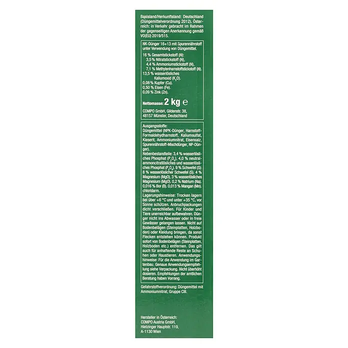 Compo Langzeitdünger Koniferen - 2 kg - Etikett des COMPO-Düngers mit Informationen zu Inhaltsstoffen, Anwendung und Herstellerangaben.