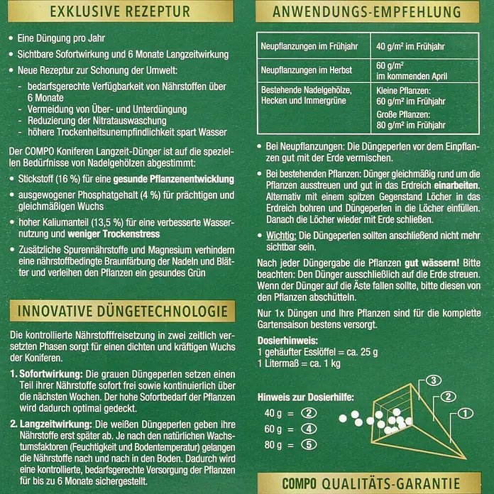 Compo Langzeitdünger Koniferen2 kg - COMPO Koniferen Langzeit-Dünger: Exklusive Rezeptur für gesunde Nadelgehölze mit Sofort- und Langzeitwirkung.