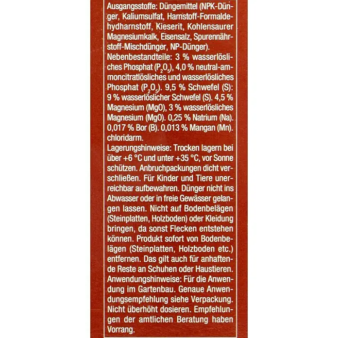 Compo Langzeitdünger Tomaten - 850 g - Informationen zu Inhaltsstoffen, Lagerhinweisen und Anwendung des NPK-Düngers.