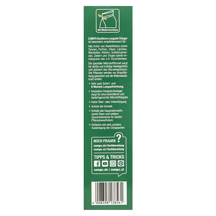 Compo Langzeitdünger Koniferen2 kg - Abbildung einer COMPO Koniferen Langzeit-Dünger Verpackung, die für Nadelhölzer geeignet ist und eine Langzeitwirkung von 6 Monaten hat.